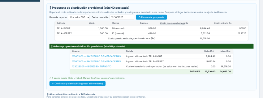 Propuesta de distribución y asiento propuesto (aún NO posteado) — se confirma con un segundo clic