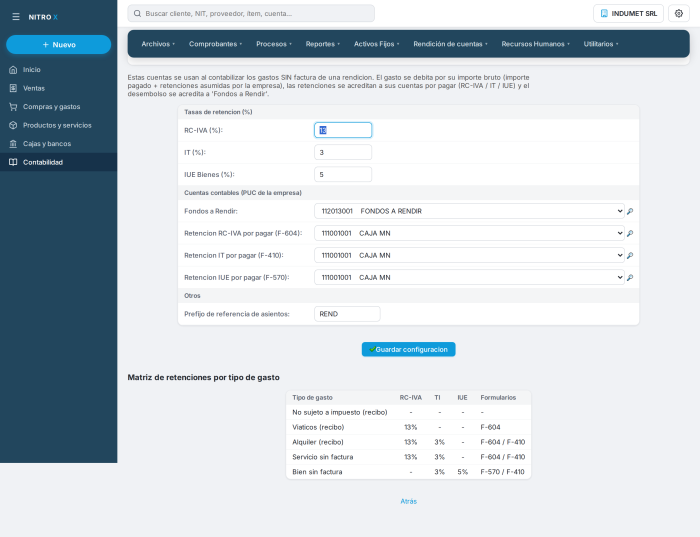 Config. Rendición (Retenciones)