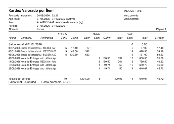Ejemplo del kardex de un ítem: entradas por compras, salidas por ventas y saldo valorado
