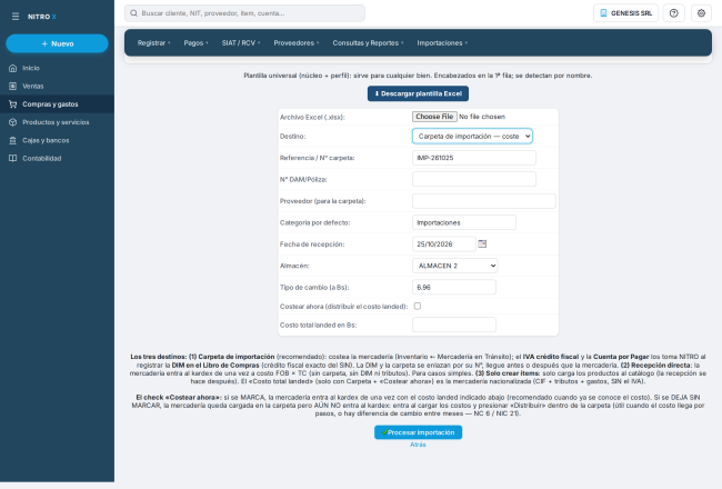 Importaciones — Carga masiva: archivo, destino, referencia, DAM, proveedor, categoría, fecha, almacén, tipo de cambio y costeo