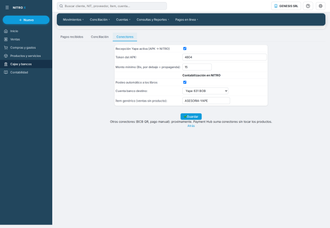 Conectores en el demo: recepción Yape activa con su token, monto mínimo, posteo automático, cuenta de banco destino e ítem genérico