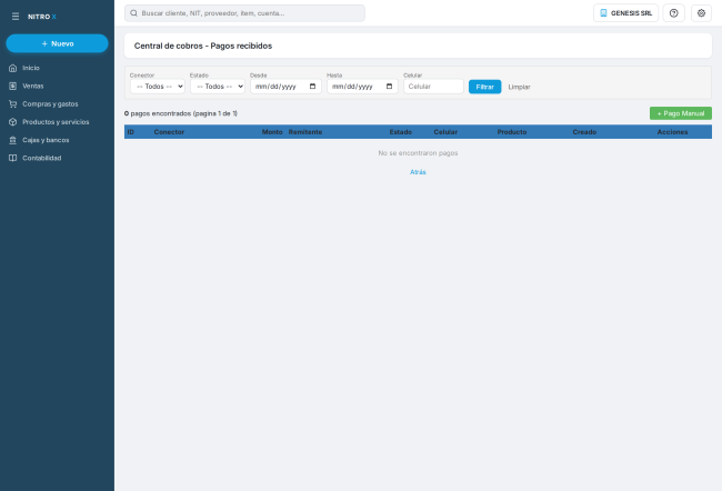 La Central de cobros: filtros por conector, estado, fechas y celular, el contador de pagos encontrados y el botón + Pago Manual