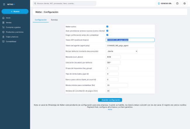 Configuración de Walter en el demo: interruptores, tokens, rol por defecto, moneda, ubicación, grupo de impuestos, tipo de venta, banco de cobros, monto mínimo y ventana de conciliación