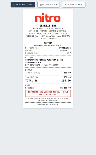 El ticket: empresa, cliente, líneas, total y forma de pago. Sin FE, lleva la leyenda "Documento sin validez fiscal" El ticket: empresa, cliente, líneas, total y forma de pago. Sin FE, lleva la leyenda "Documento sin validez fiscal"