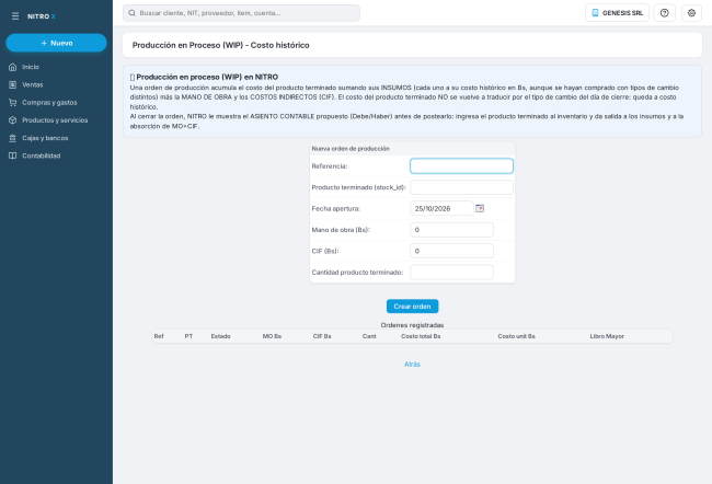 Producción en proceso en el demo: explicación del flujo, formulario de nueva orden y la lista de órdenes registradas Producción en proceso en el demo: explicación del flujo, formulario de nueva orden y la lista de órdenes registradas