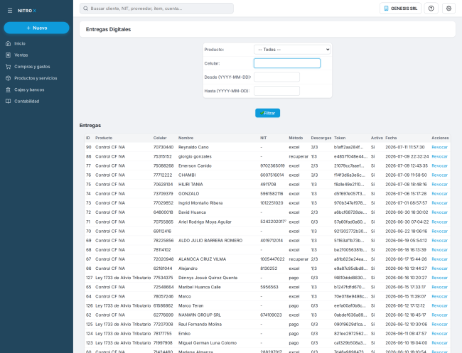 Entregas Digitales: filtros y la lista con token, descargas usadas y las acciones Revocar / Reactivar Entregas Digitales: filtros y la lista con token, descargas usadas y las acciones Revocar / Reactivar