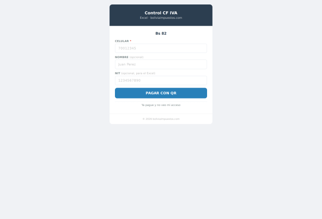El formulario de pago tal como lo ve el cliente: precio, celular, nombre, NIT, el botón PAGAR CON QR y el enlace de recuperación "Ya pague y no veo mi acceso" El formulario de pago tal como lo ve el cliente: precio, celular, nombre, NIT, el botón PAGAR CON QR y el enlace de recuperación "Ya pague y no veo mi acceso"