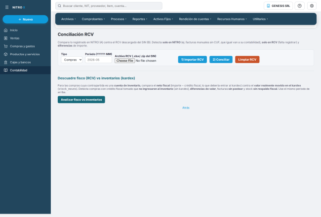 La pantalla Conciliación RCV recién abierta: tipo, período, archivo RCV y los tres botones La pantalla Conciliación RCV recién abierta: tipo, período, archivo RCV y los tres botones