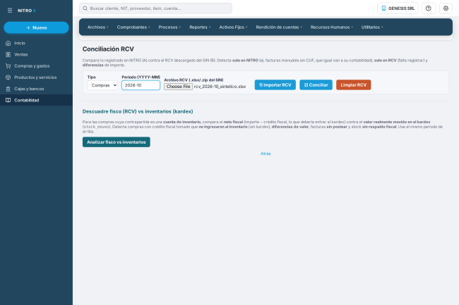 Tipo Compras, período 2026-10 y el archivo RCV elegido, listos para "1) Importar RCV" Tipo Compras, período 2026-10 y el archivo RCV elegido, listos para "1) Importar RCV"