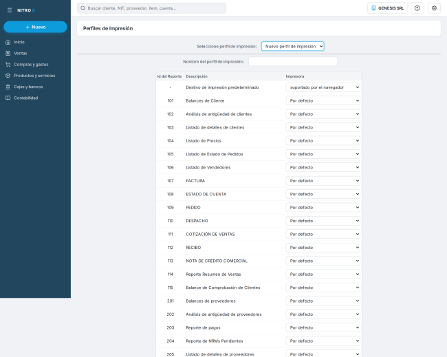 Perfiles de impresión: se elige un perfil y, reporte por reporte, la impresora de destino (por defecto, el navegador) Perfiles de impresión: se elige un perfil y, reporte por reporte, la impresora de destino (por defecto, el navegador)