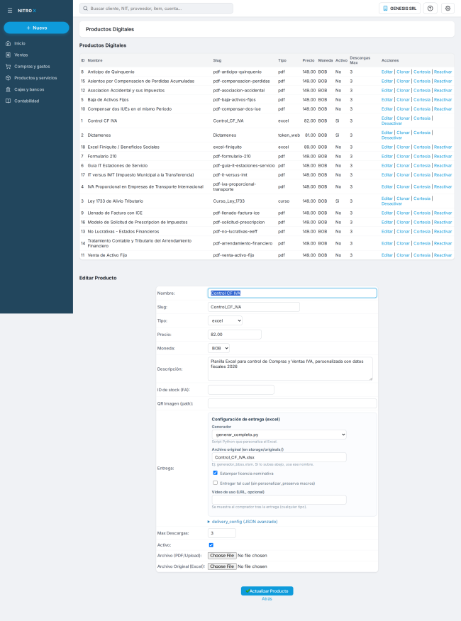 Edición de un producto tipo Excel en el demo: datos comerciales, ítem contable, QR, configuración de entrega y archivos Edición de un producto tipo Excel en el demo: datos comerciales, ítem contable, QR, configuración de entrega y archivos