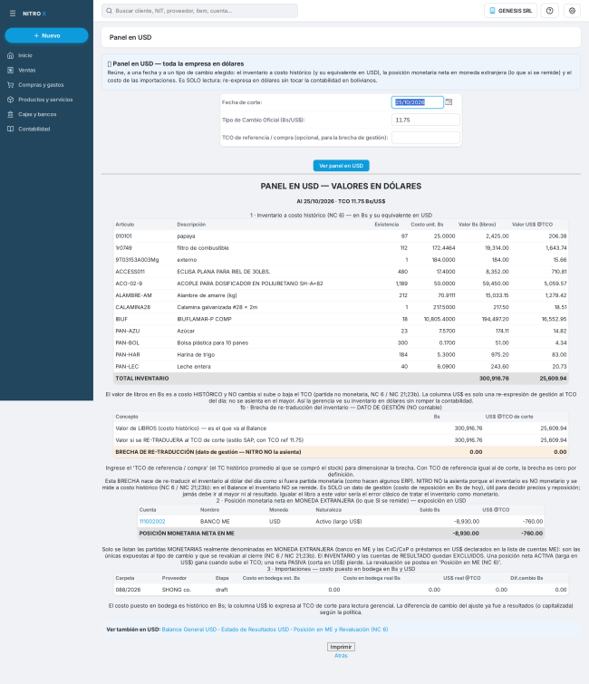 Panel en USD del demo: inventario a costo histórico en Bs y US$, brecha de re-traducción (solo dato de gestión), posición monetaria neta en ME y costo en bodega de las importaciones Panel en USD del demo: inventario a costo histórico en Bs y US$, brecha de re-traducción (solo dato de gestión), posición monetaria neta en ME y costo en bodega de las importaciones