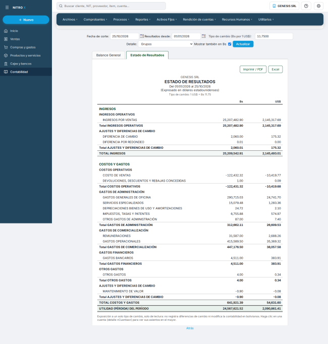 La pestaña Estado de Resultados: ingresos, costos y gastos del período y la utilidad o pérdida, en Bs y US$ La pestaña Estado de Resultados: ingresos, costos y gastos del período y la utilidad o pérdida, en Bs y US$