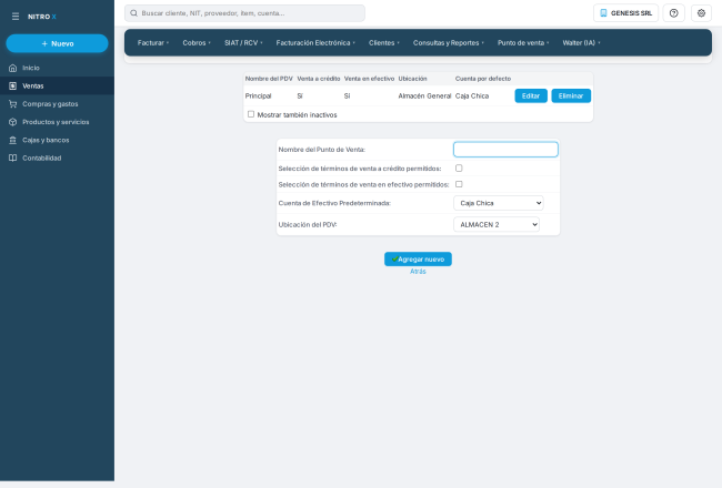 Puntos de venta: el demo tiene uno solo («Principal») que vende a crédito y al contado desde el Almacén General con la Caja Chica Puntos de venta: el demo tiene uno solo («Principal») que vende a crédito y al contado desde el Almacén General con la Caja Chica