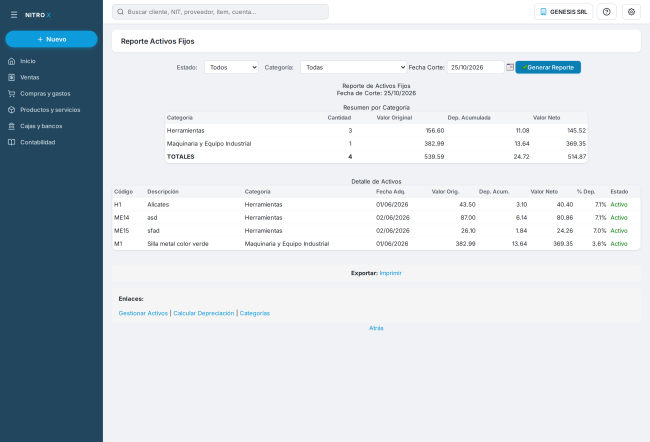Reporte de Activos Fijos heredado con los cuatro bienes del demo: resumen por categoría y detalle Reporte de Activos Fijos heredado con los cuatro bienes del demo: resumen por categoría y detalle