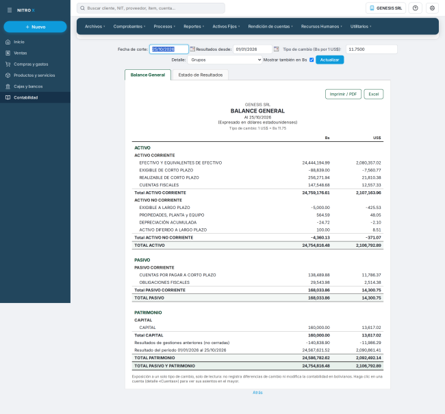 Estados Financieros en USD en el demo: fecha de corte, resultados desde, tipo de cambio, nivel de detalle y las dos pestañas Balance General / Estado de Resultados con columnas Bs y US$ Estados Financieros en USD en el demo: fecha de corte, resultados desde, tipo de cambio, nivel de detalle y las dos pestañas Balance General / Estado de Resultados con columnas Bs y US$