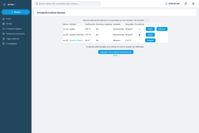 Instalar/Actualizar Idiomas: es_BO (Español Bolivia) es el idioma por defecto; en_US instalado; es_ES disponible para instalar Instalar/Actualizar Idiomas: es_BO (Español Bolivia) es el idioma por defecto; en_US instalado; es_ES disponible para instalar