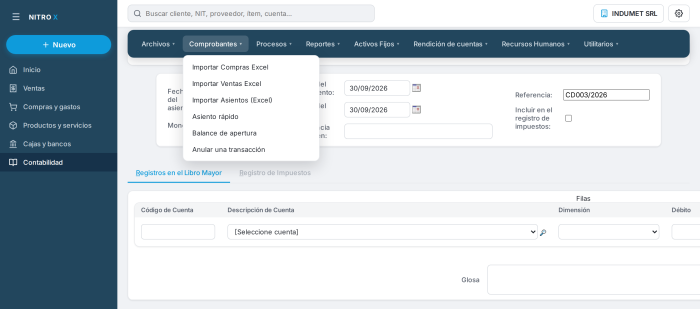 Menú Comprobantes de Contabilidad con la opción Importar Asientos (Excel) Menú Comprobantes de Contabilidad con la opción Importar Asientos (Excel)