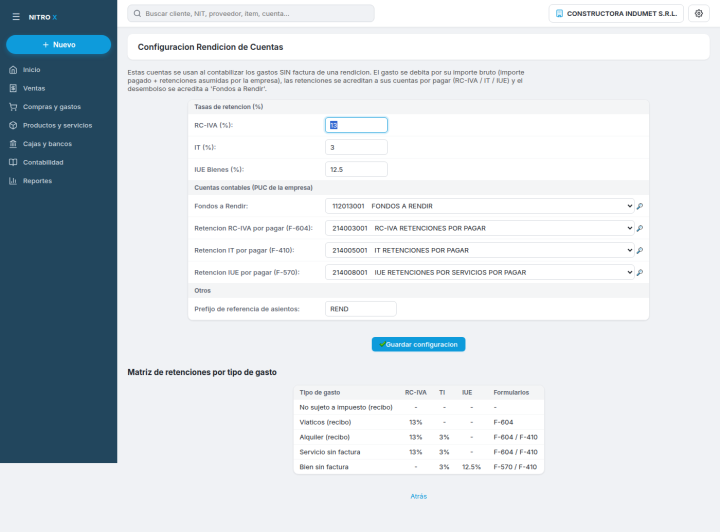Configuración: las tasas de retención (RC-IVA / IT / IUE) y las cuentas contables donde se registra cada concepto Configuración: las tasas de retención (RC-IVA / IT / IUE) y las cuentas contables donde se registra cada concepto